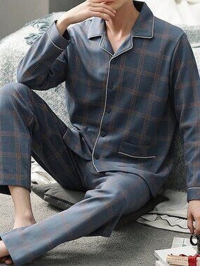 Blue Cozy Men's Plaid Lapel Collar Button Front Straight Leg Pajama Set